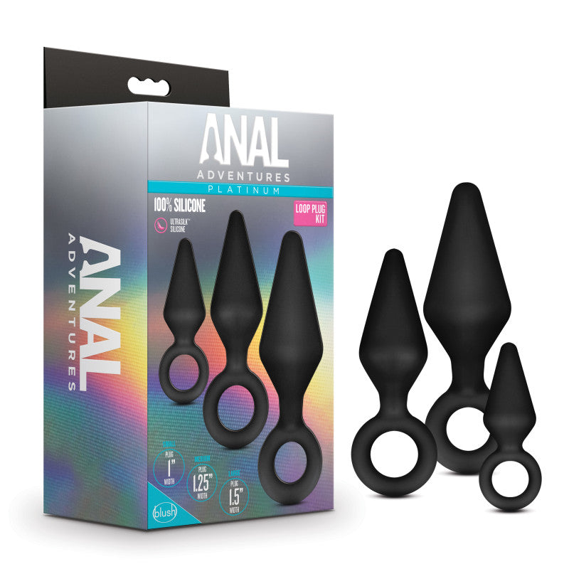 Anal Adventures Platinum Loop Plug Kit -  Butt Plugs - Set of 3 Sizes, featuring silicone plugs in various sizes.