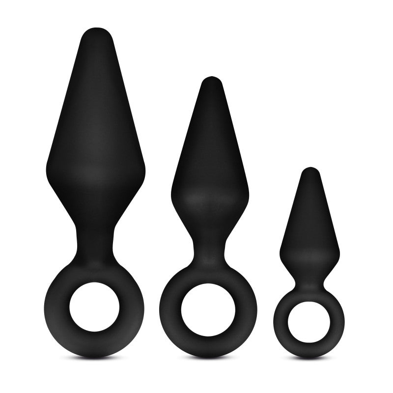 Anal Adventures Platinum Loop Plug Kit - Butt Plugs - Set of 3 Sizes featuring three tapered black silicone plugs.