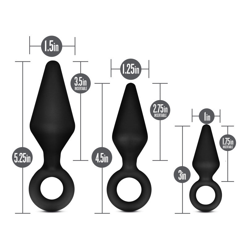Anal Adventures Platinum Loop Plug Kit -  Butt Plugs - Set of 3 Sizes with measurements for each plug.