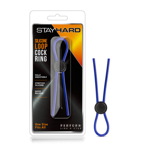 Stay Hard - Silicone Loop Cock Ring -  Adjustable Lasso Cock Ring packaging and product display on white background.