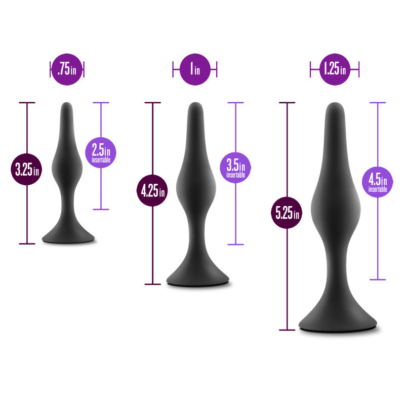 Anal Adventures Platinum Silicone Beginner Plug Kit -  Butt Plug Kit - Set of 3 Sizes with dimensions shown