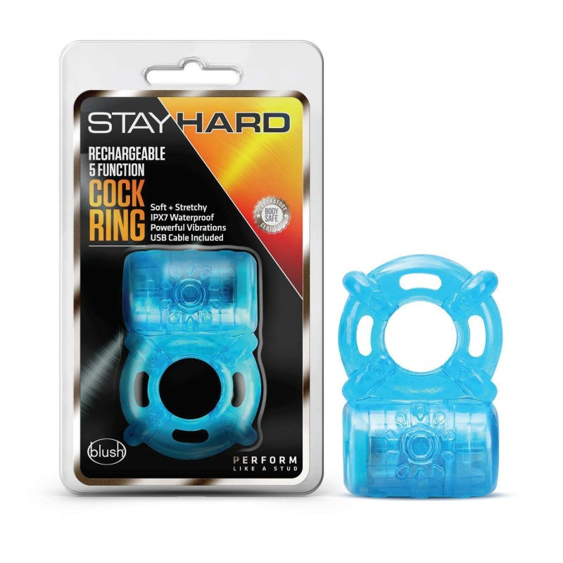 Stay Hard Rechargeable 5 Function Cock Ring - USB Rechargeable Vibrating Cock Ring packaging and product view.