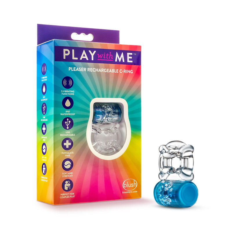 Play With Me Pleaser Rechargeable C-Ring -  -  Rechargeable Cock Ring with colorful packaging and product details.