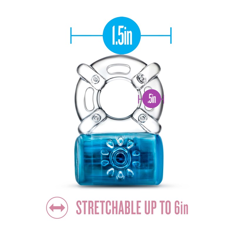 Play With Me Pleaser Rechargeable C-Ring -  -  Rechargeable Cock Ring showing measurements and stretchability.