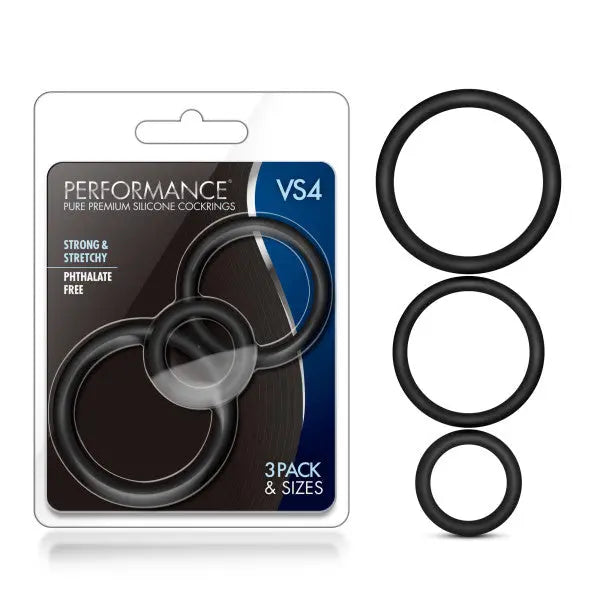 Affordable quality Performance VS4 Pure Premium Silicone Cockrings - Black Cock Rings - Set of 3 Sizes  from Blush Novelties by Discreet Intimate Essentials with Discreet Delivery 