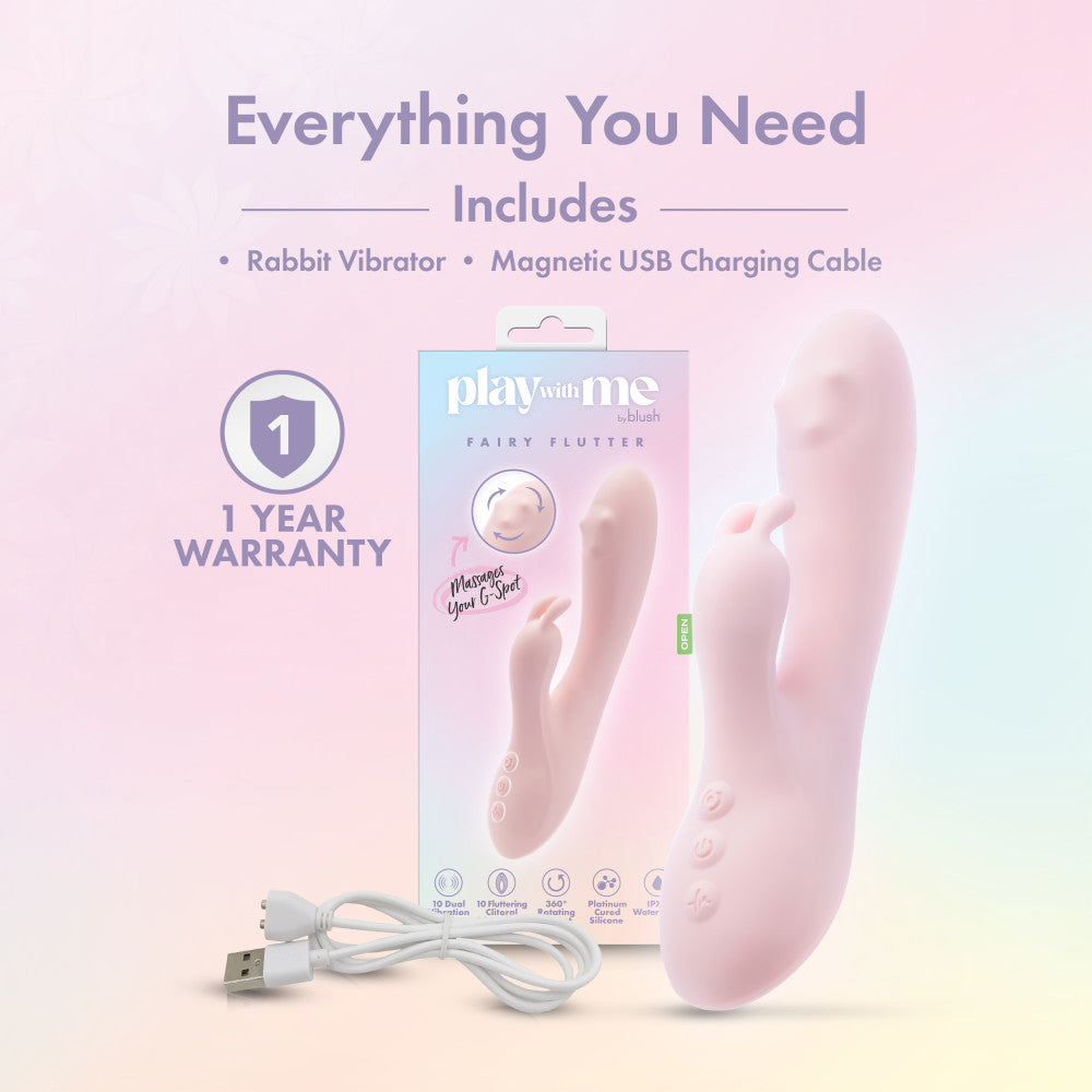 Play With Me - Fairy Flutter - 19.7 cm USB Rechargeable Rabbit Vibrator with USB charging cable and 1 year warranty
