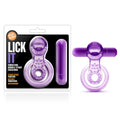 Play With Me - Lick It - Vibrating Cock & Ball Rings packaging and product image, showcasing stimulating purple design.