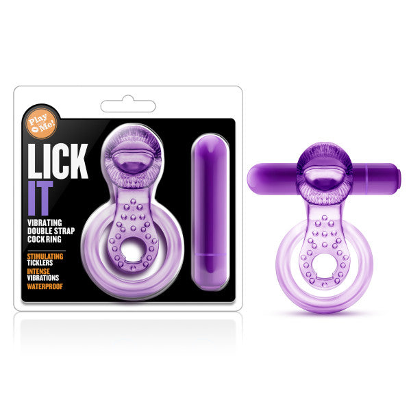 Play With Me - Lick It - Vibrating Cock & Ball Rings packaging and product image, showcasing stimulating purple design.