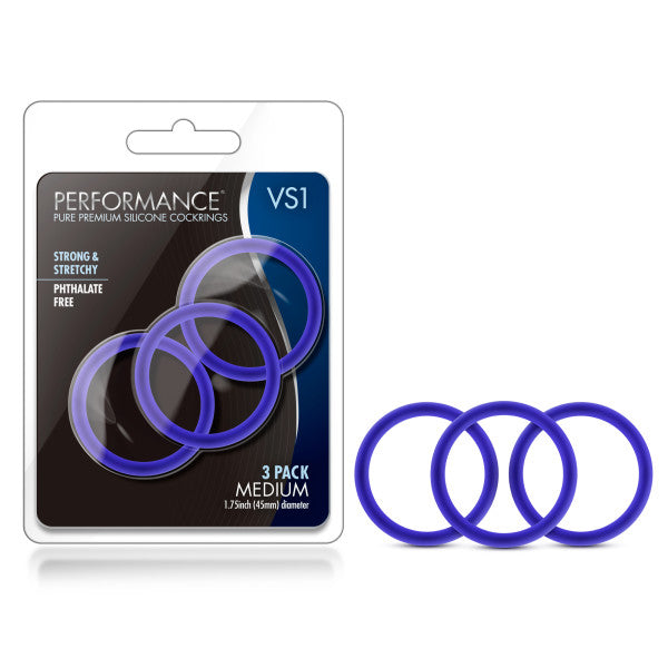 Performance VS1 Pure Premium Silicone Cockrings - Indigo  Medium Cock Rings - Set of 3 packaging with silicone rings