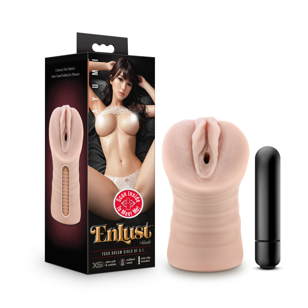 EnLust - Ayumi -  Vibrating Vagina Stroker next to its packaging and black vibrating bullet for enhanced pleasure.