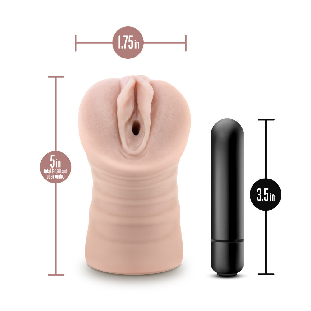 EnLust - Ayumi - Vibrating Vagina Stroker displayed with dimensions for unique design and functionality.