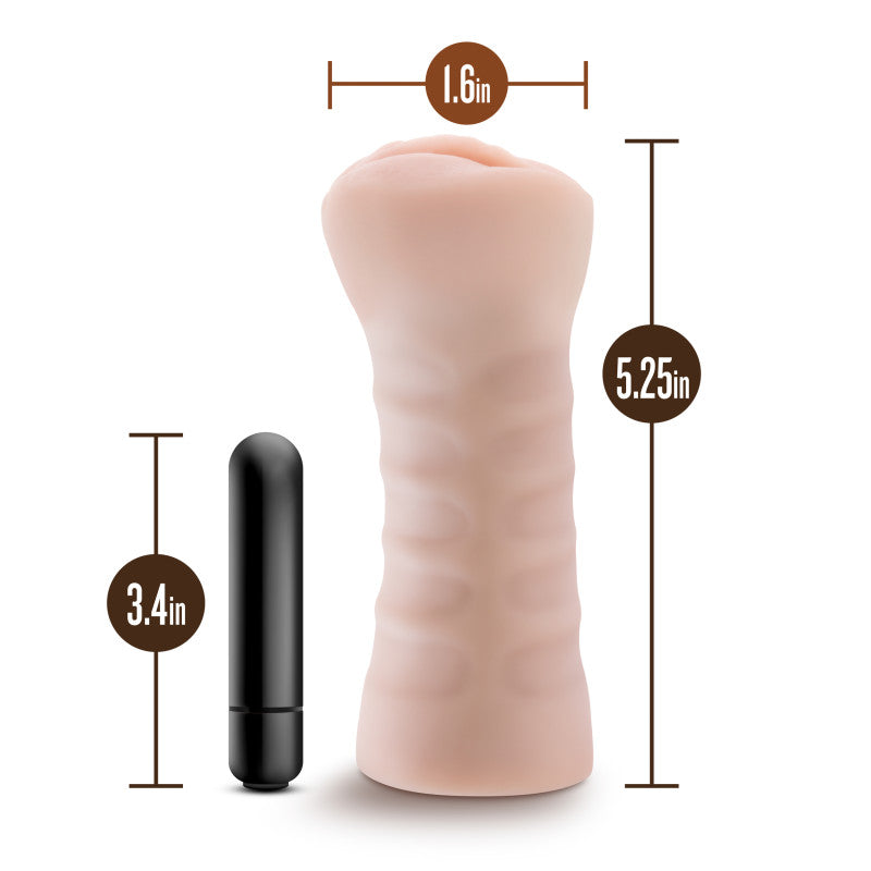 M for Men Ashley -  Vibrating Vagina Stroker with dimensions, featuring a lifelike masturbator and vibrating bullet.