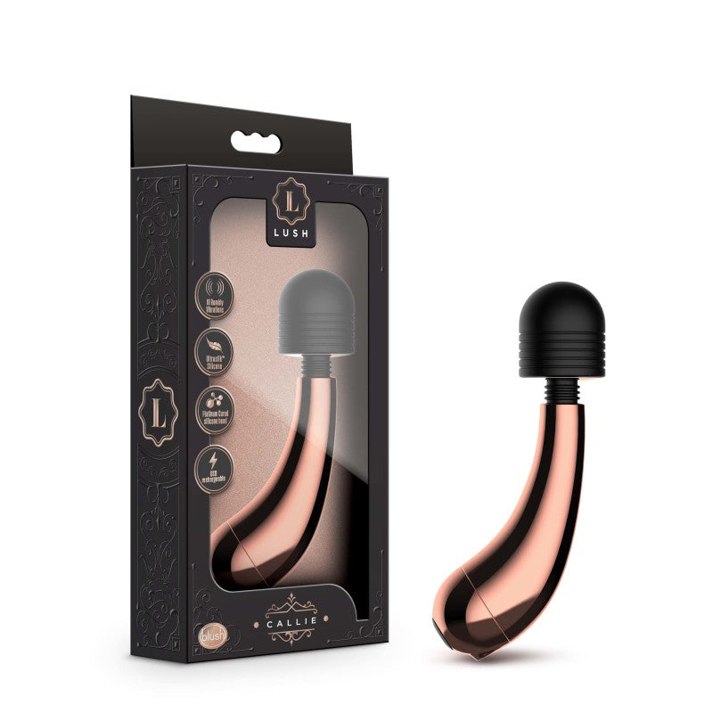Lush Callie - USB Rechargeable Mini Massager Wand in packaging, showcasing sleek design and rose gold accents.
