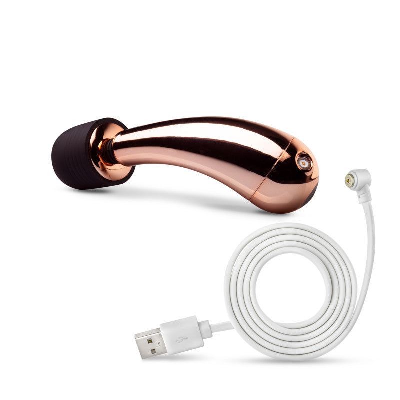 Lush Callie -  USB Rechargeable Mini Massager Wand with rose gold accents and USB charging cable.
