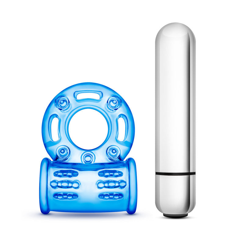 Stay Hard 10-Function Vibrating Bull Ring -  Vibrating Cock Ring in blue with vibrating bullet for enhanced pleasure.