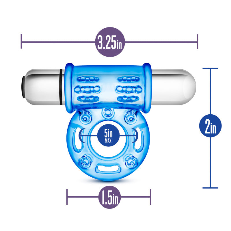 Stay Hard 10-Function Vibrating Bull Ring -  Vibrating Cock Ring dimensions: 3.25in, 5in max, 1.5in, 2in.