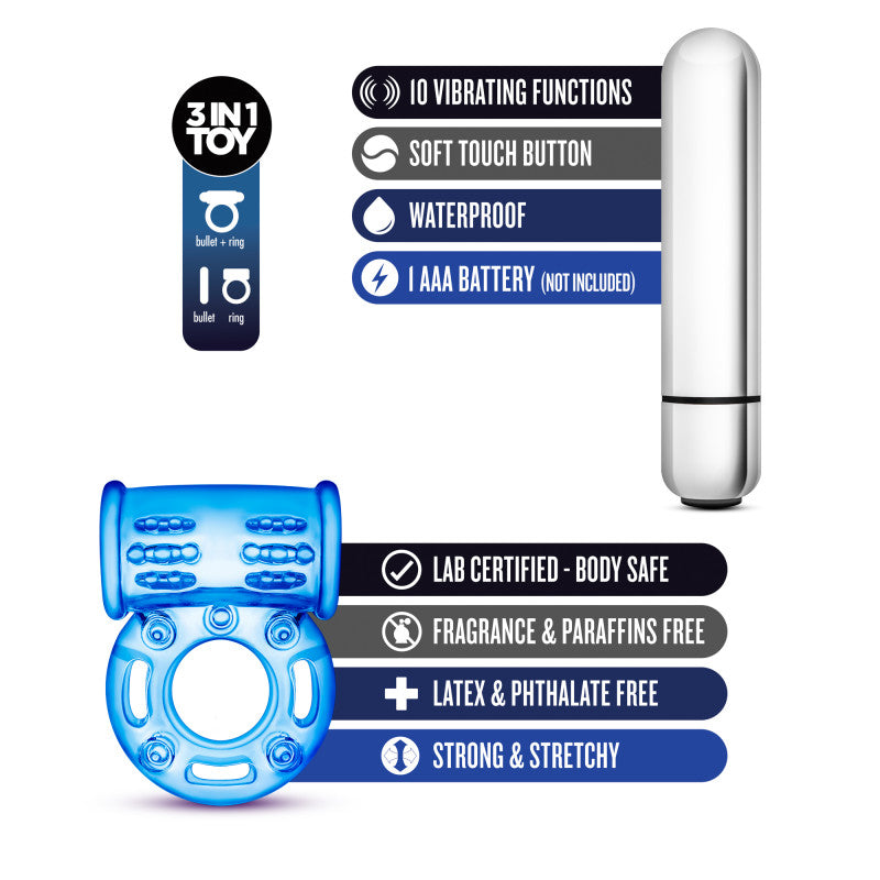 Stay Hard 10-Function Vibrating Bull Ring - Vibrating Cock Ring features, including waterproof design and 10 vibrating functions.