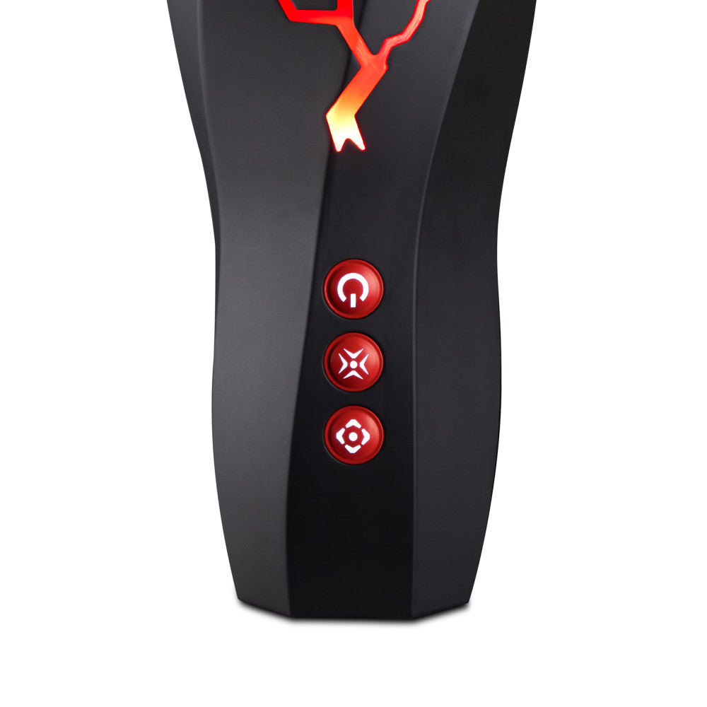 M For Men - Storm - USB Rechargeable Milking & Vibrating Auto Stroker control panel with red LED buttons.