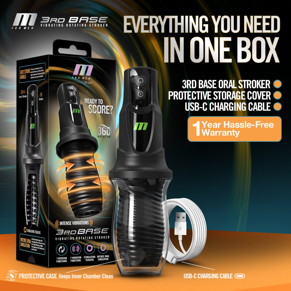 M For Men - 3rd Base -  USB Rechargeable Vibrating & Rotating Auto Stroker product packaging and accessories.