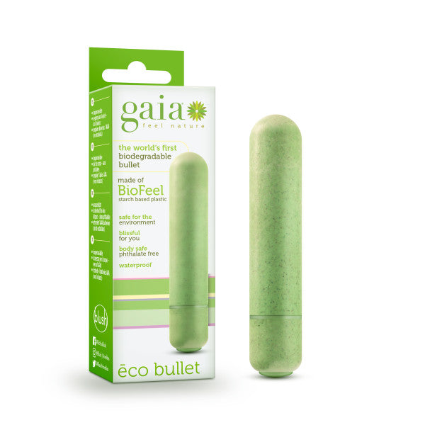 Gaia Eco Bullet - Green 8.9 cm (3.5'') Bullet, biodegradable vibrator in eco-friendly packaging.