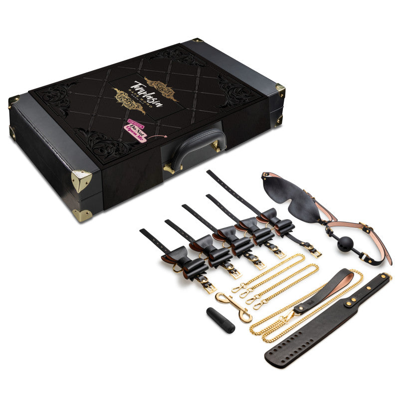 Temptasia Safe Word Bondage Kit with Suitcase - 9 Piece Bondage Set featuring blindfold, gag, restraints, collar, and more.