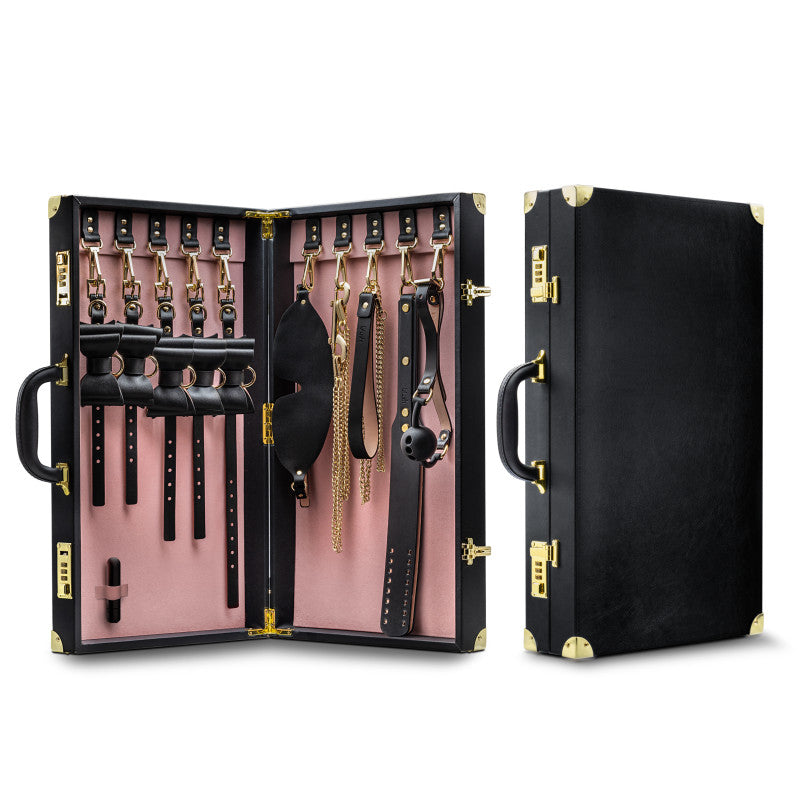 Temptasia Safe Word Bondage Kit with Suitcase - 9 Piece Bondage Set showcasing all items in a stylish vegan leather case.