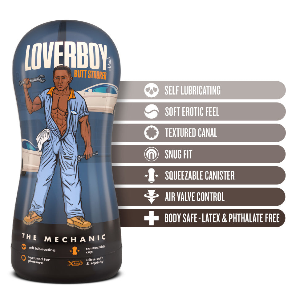 Loverboy The Mechanic - Male Ass Stroker packaging showing features like self-lubricating, textured canal, and air valve control.