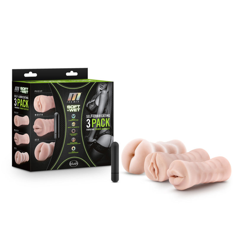 M For Men 3-Pack Self-Lubricating Vibrating Strokers - Vibrating Strokers - 3 Pack packaged with 3 lifelike sleeves and vibrating bullet.