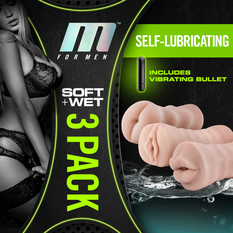 M For Men 3-Pack Self-Lubricating Vibrating Strokers - Vibrating Strokers - 3 Pack with vibrating bullet included.