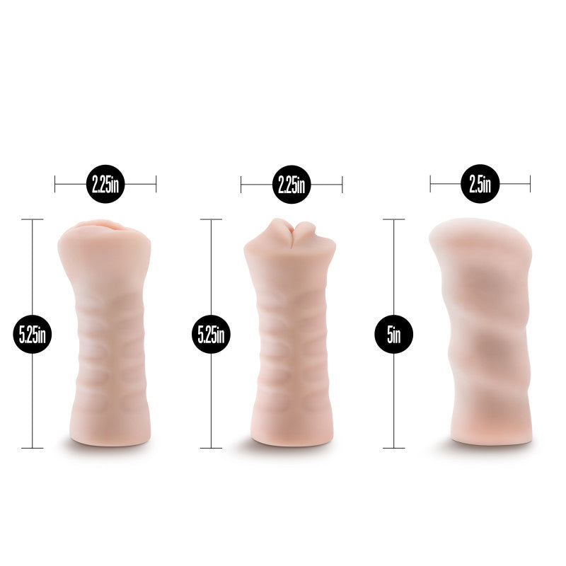 M For Men 3-Pack Self-Lubricating Vibrating Strokers -  Vibrating Strokers - 3 Pack showcasing three distinct designs with dimensions.