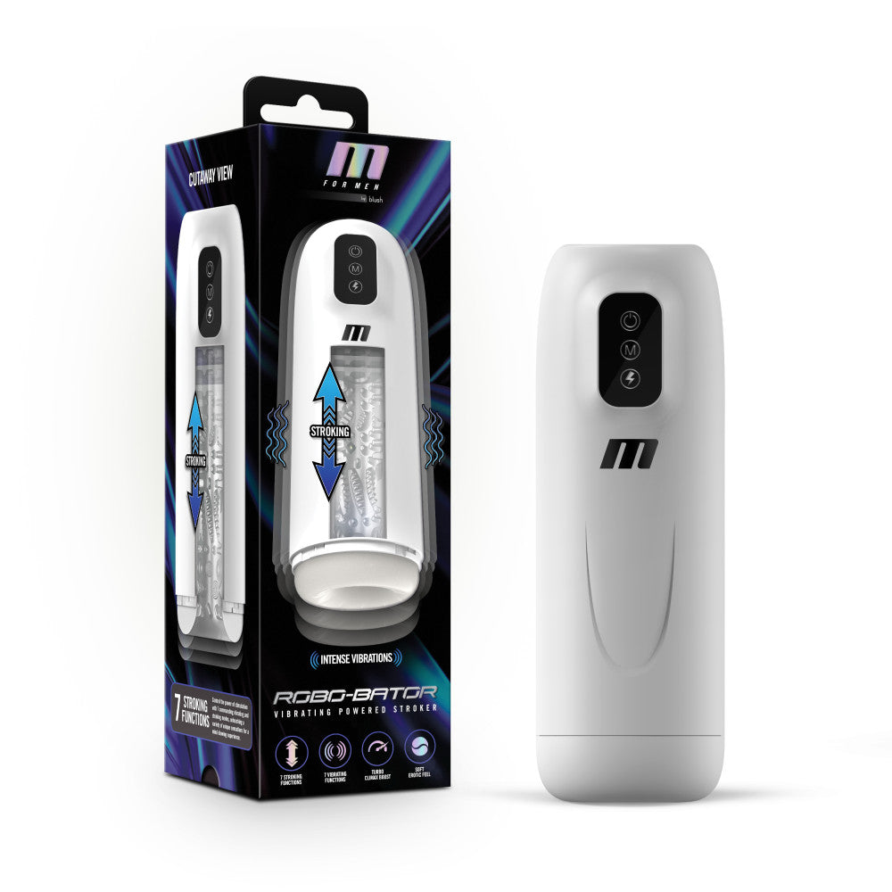 M For Men Robo-Bator - USB Rechargeable Vibrating Auto Stroker with 7 stroking functions and sleek design.