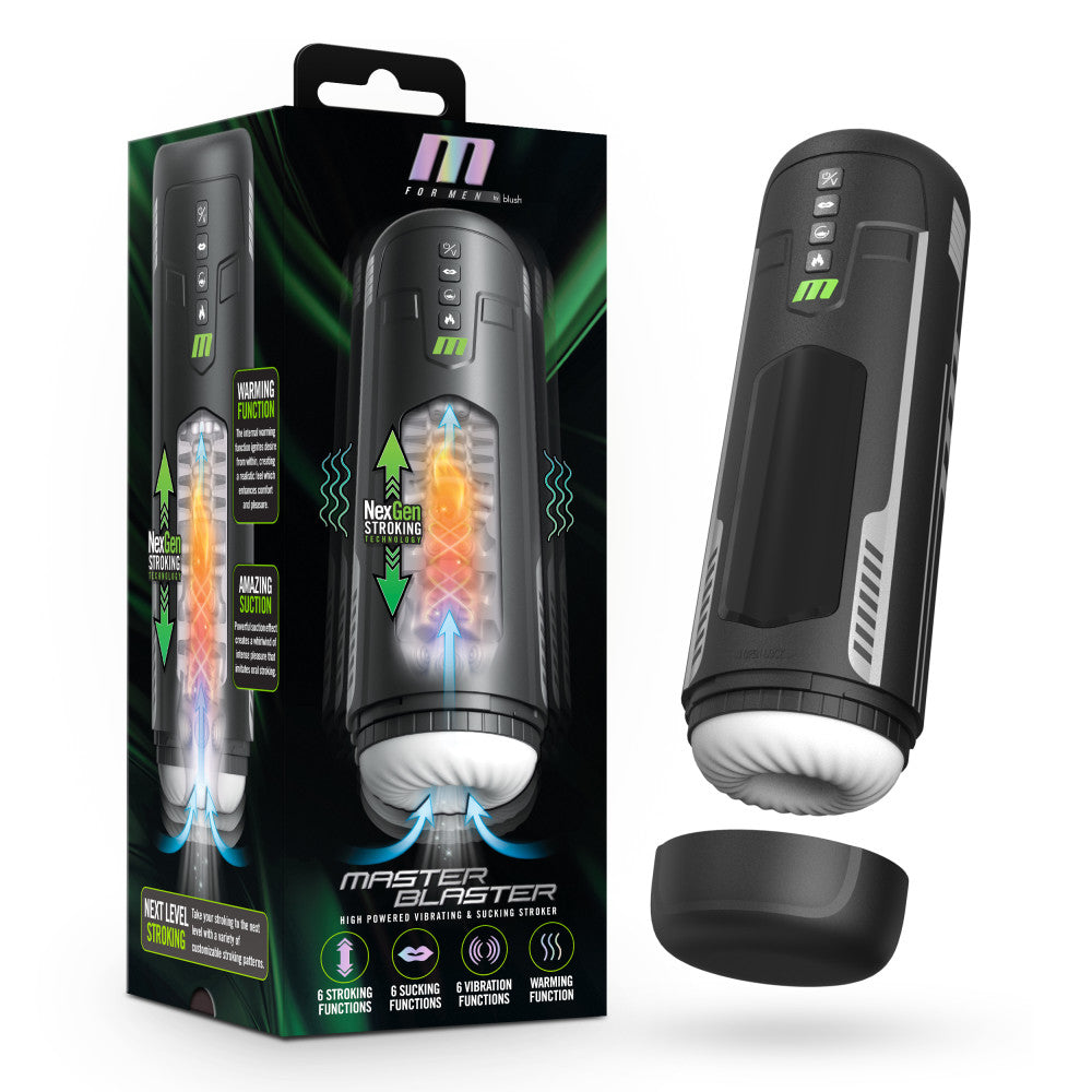 M For Men - Master Blaster - USB Rechargeable Vibrating & Sucking Auto Stroker packaging and product image.