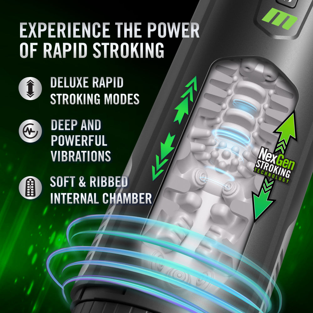 M For Men - Master Blaster - USB Rechargeable Vibrating & Sucking Auto Stroker showcasing rapid stroking modes and deep vibrations.