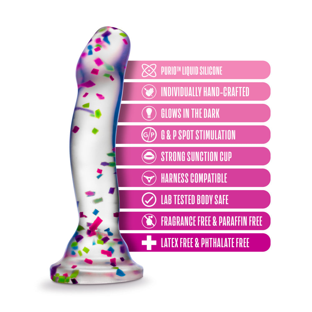Neo Elite Glow Hanky Panky - Glow In Dark  19 cm Dong, clear dildo with confetti, glows in dark, body-safe silicone.