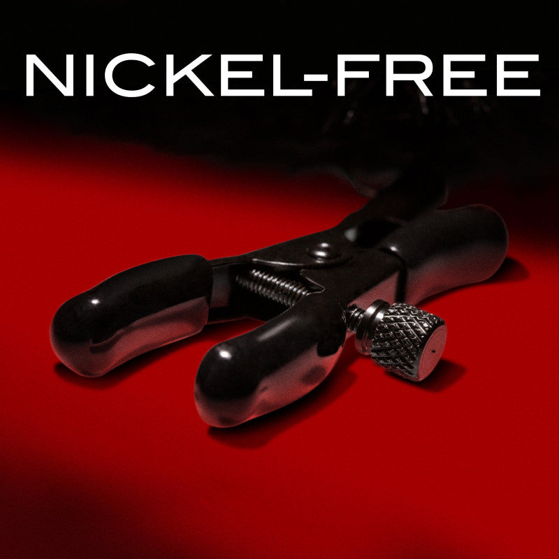 Noir Pom Adjustable Nipple Clamps - Black Furry Nipple Clamps with nickel-free metal for sensitive play.