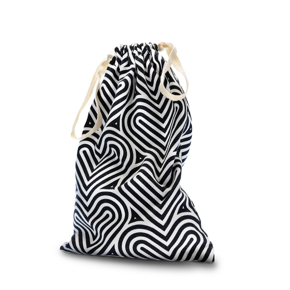 The Collection Embrace - Cotton Toy Storage Bag featuring a stylish heart pattern and secure drawstring closure.