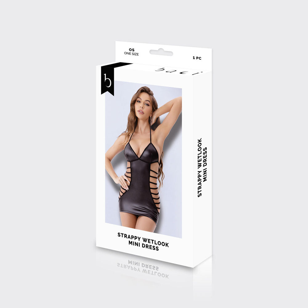 BACI WL Strappy Wetlook Mini Dress -  - One Size packaging featuring a model wearing the dress.