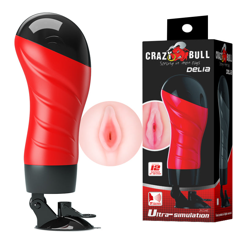 CRAZY BULL DELIA Vibrating Stroker - Vibrating Vagina Stroker with Suction Base and packaging for men's pleasure.