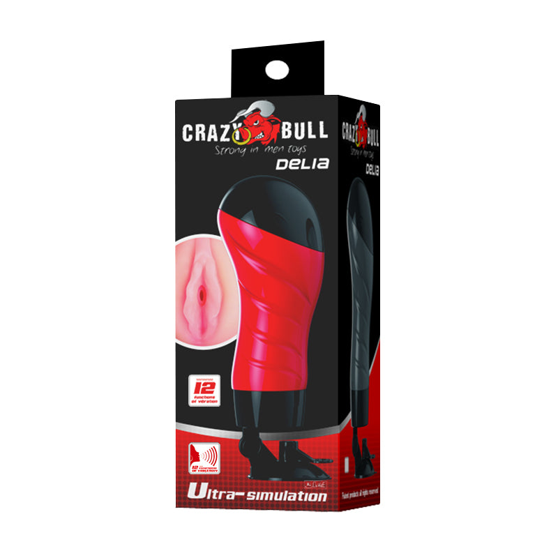 CRAZY BULL DELIA Vibrating Stroker -  Vibrating Vagina Stroker with Suction Base packaging with ultra-simulation features.