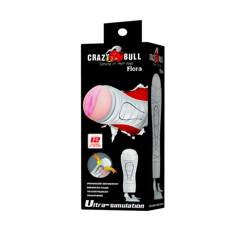 CRAZY BULL FLORA Vibrating Stroker - USB Rechargeable Vibrating Squeezeable Vagina Stroker with Suction Base packaging