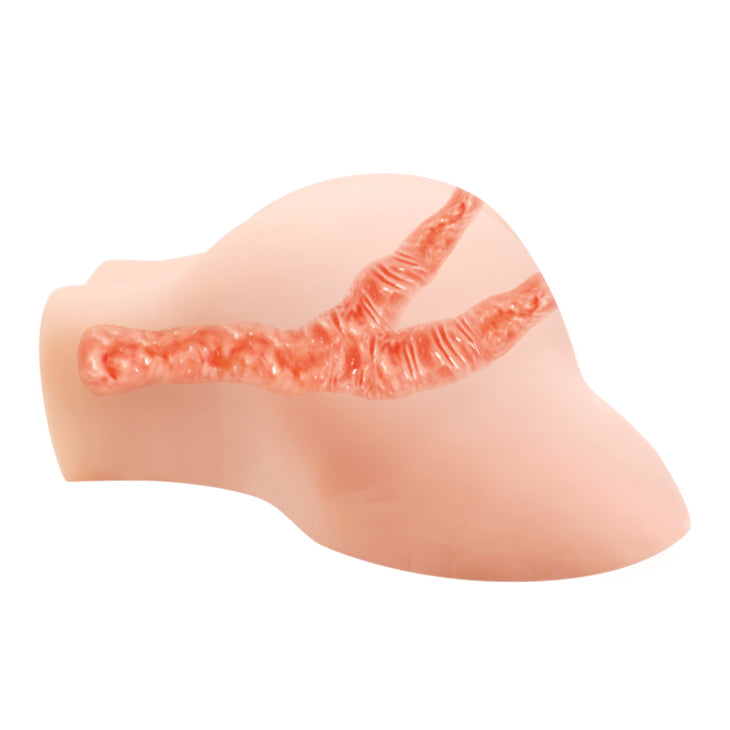 Realistic vibrating male masturbator displayed from the side, showcasing intricate texture and lifelike design.