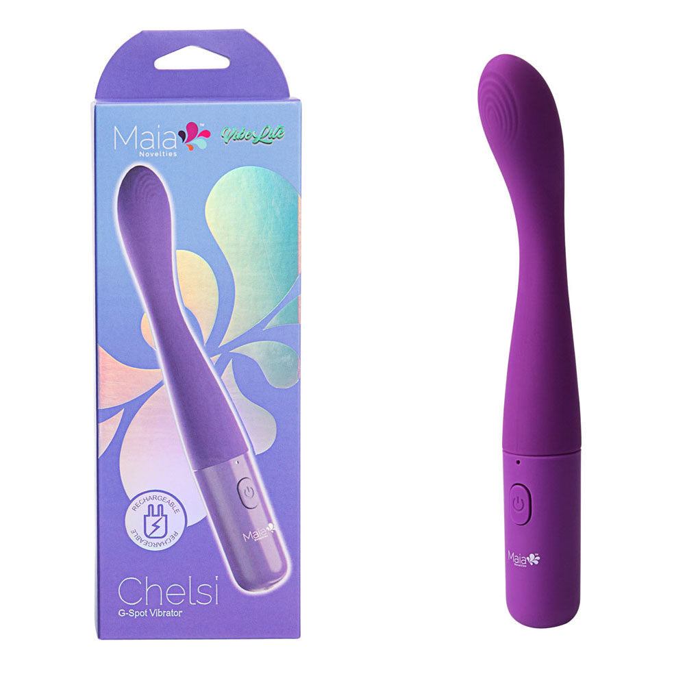 Maia CHELSI - 17.8 cm USB Rechargeable Vibrator in purple packaging, ideal for intimate essentials for her.