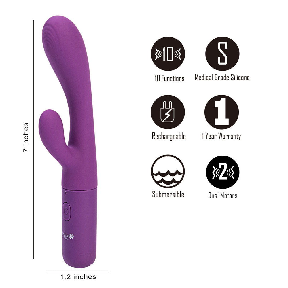 Maia RAYLA - 17.8 cm USB Rechargeable Rabbit Vibrator with 10 functions, medical grade silicone, and dual motors.