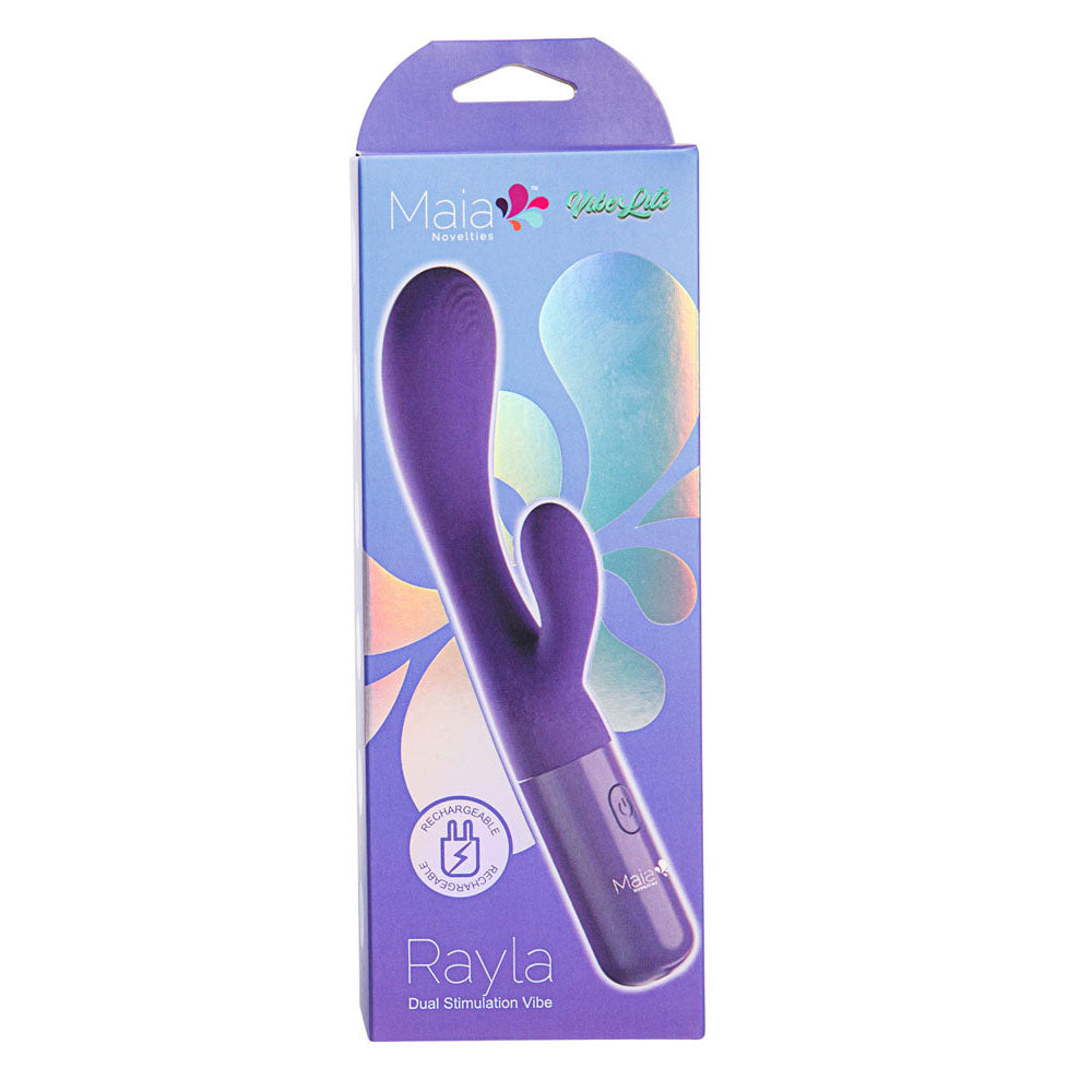 Maia RAYLA -  17.8 cm USB Rechargeable Rabbit Vibrator packaging featuring colorful design and dual stimulation vibe.