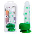 Maia LEIF - Clear/ 17.8 cm Leaf Print Dong in packaging with a strong suction cup base and cannabis print design.