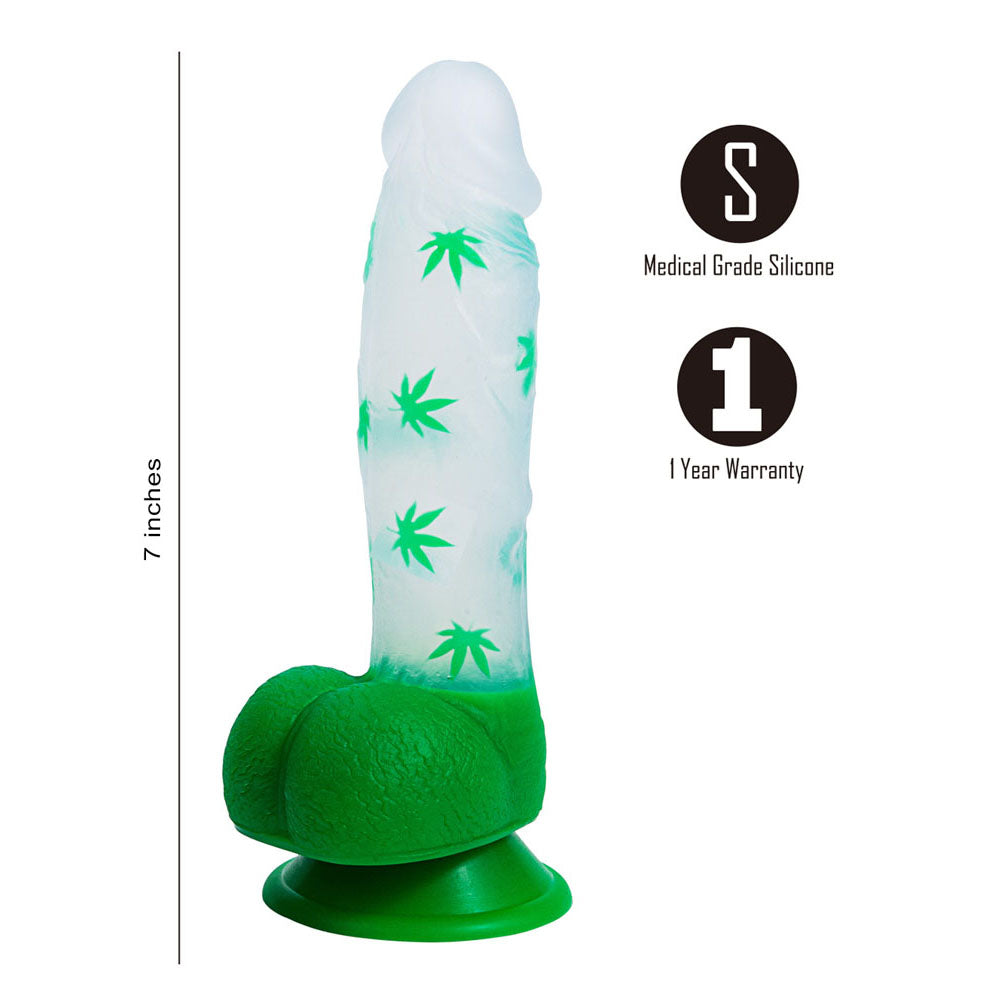Maia LEIF - Clear/ 17.8 cm Leaf Print Dong made of medical grade silicone with suction cup base.