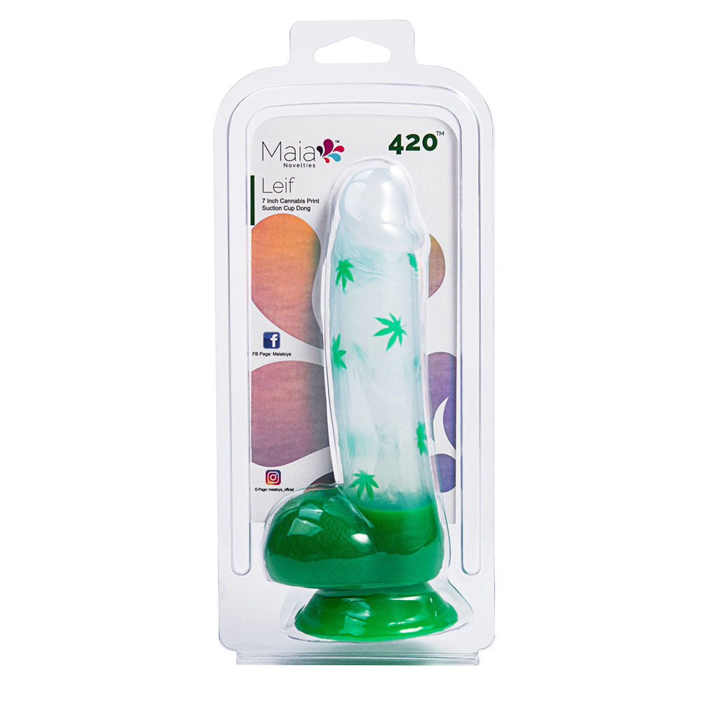 Maia LEIF - Clear/ 17.8 cm Leaf Print Dong in packaging with vibrant cannabis leaf design.