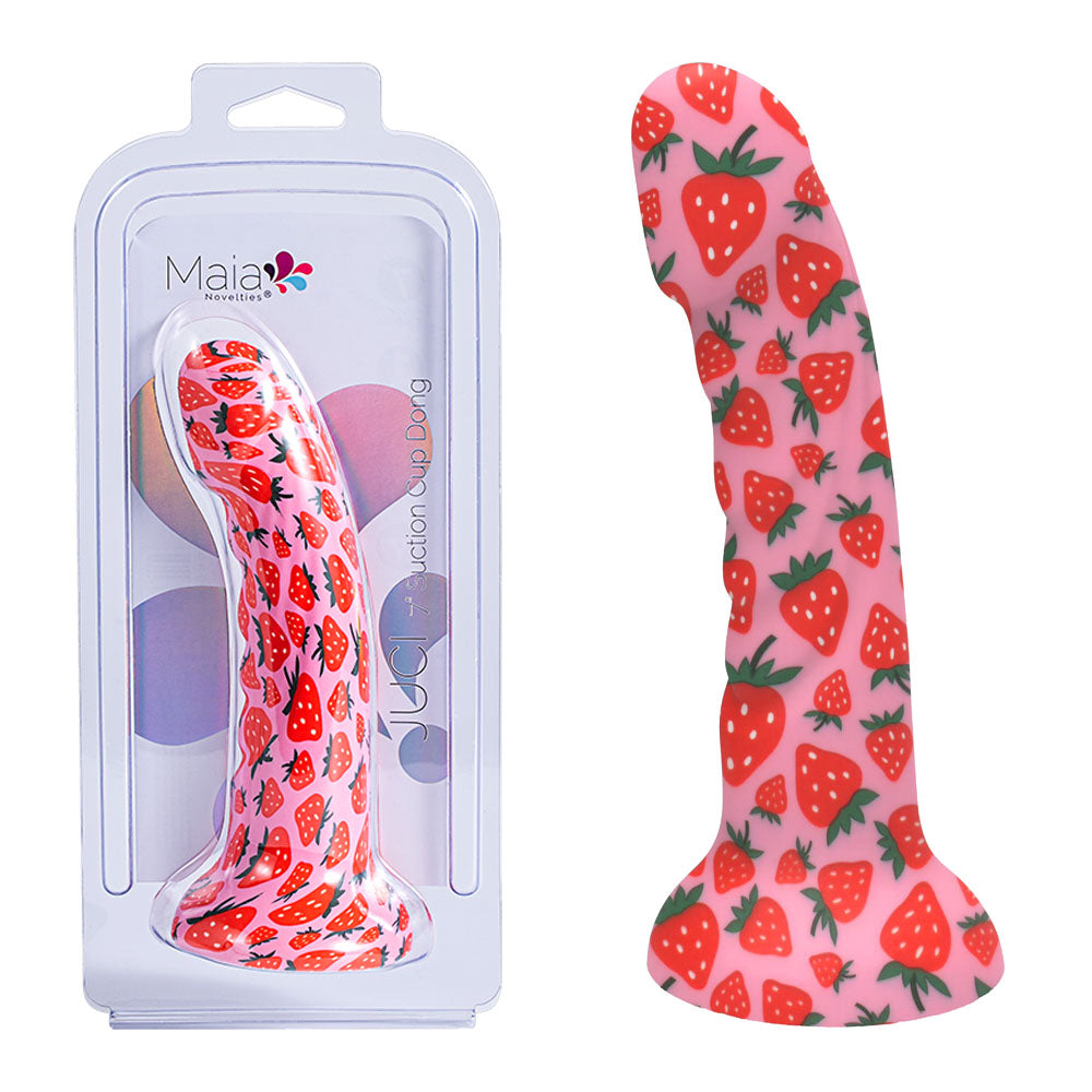 Maia JUCI - 17.8 cm Dong, a 7-inch silicone suction cup dong with strawberry print design, showcasing intimate essentials for her.