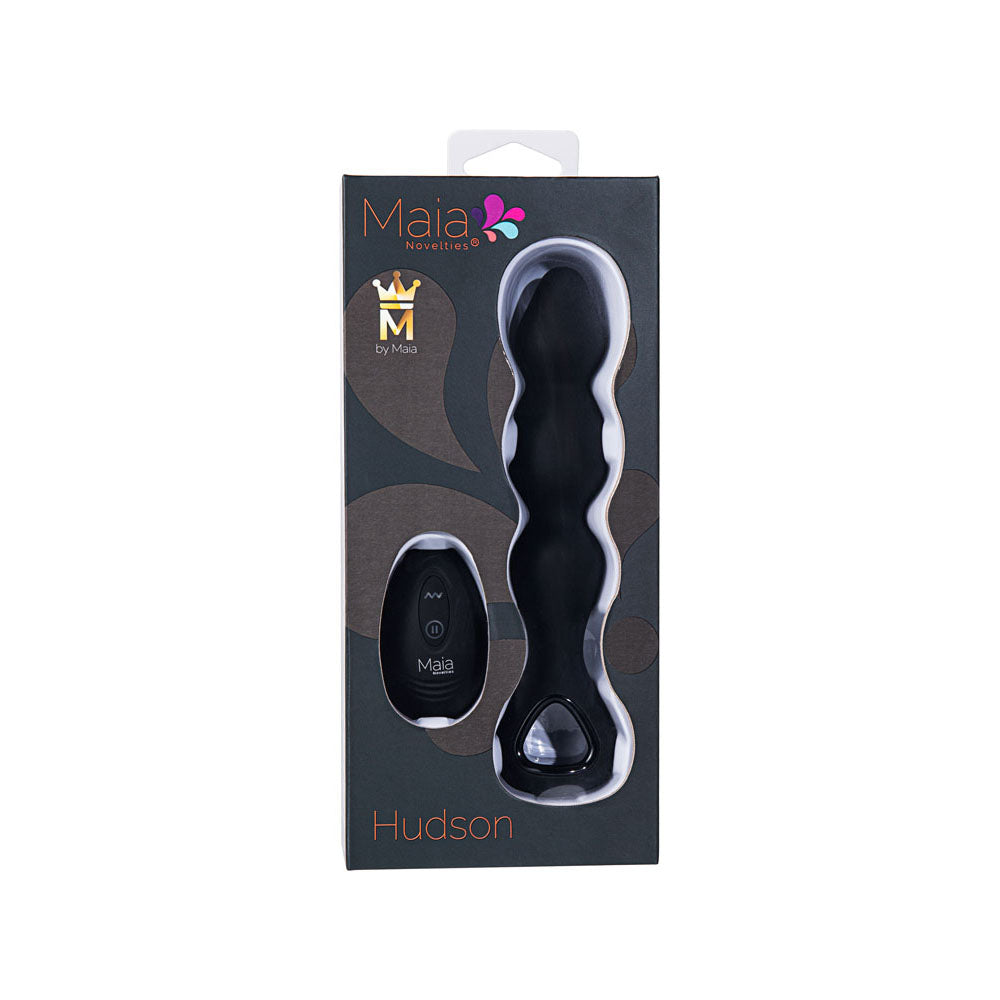 Maia HUDSON - 19 cm USB Rechargeable Anal Vibrator with Wireless Remote in packaging, featuring a remote for easy control.