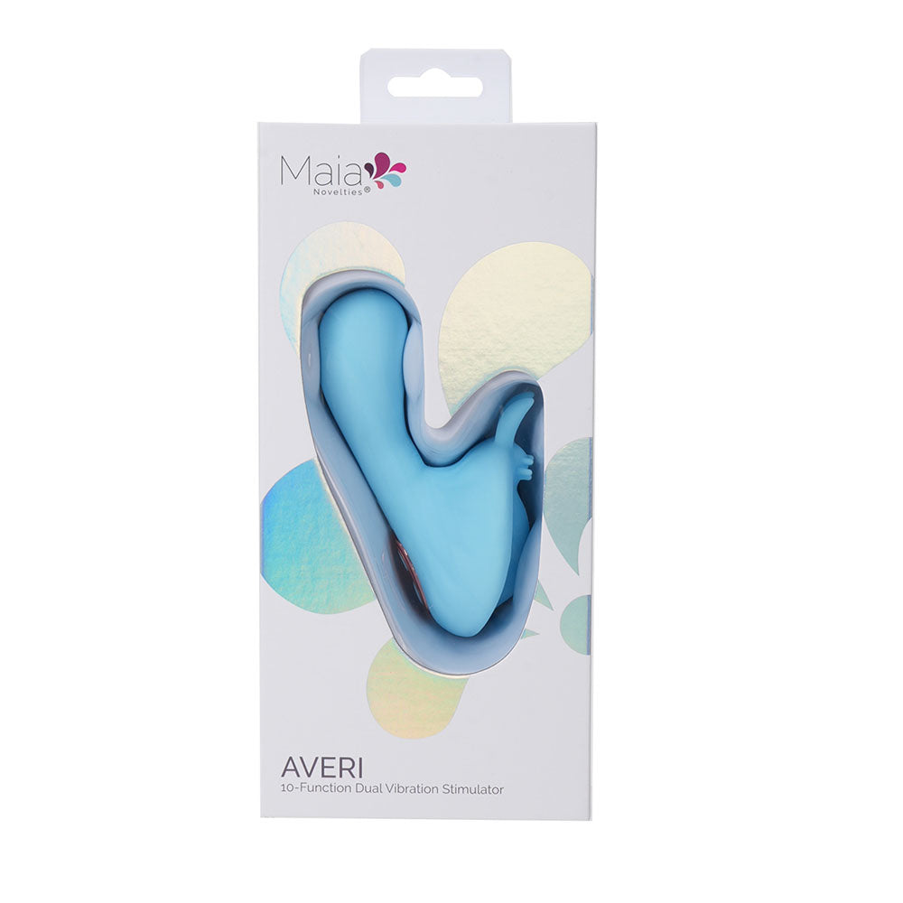 Maia AVERI -  -  USB Rechargeable Vibrator packaging showcasing the 30-function dual vibration stimulator.